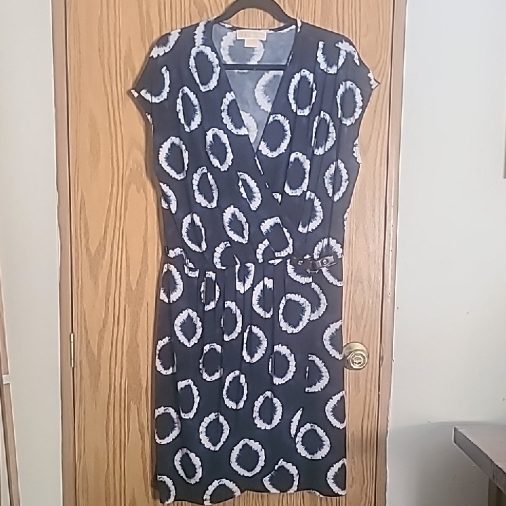 Michael Kors Navy Midi Dress with White Circular Print
